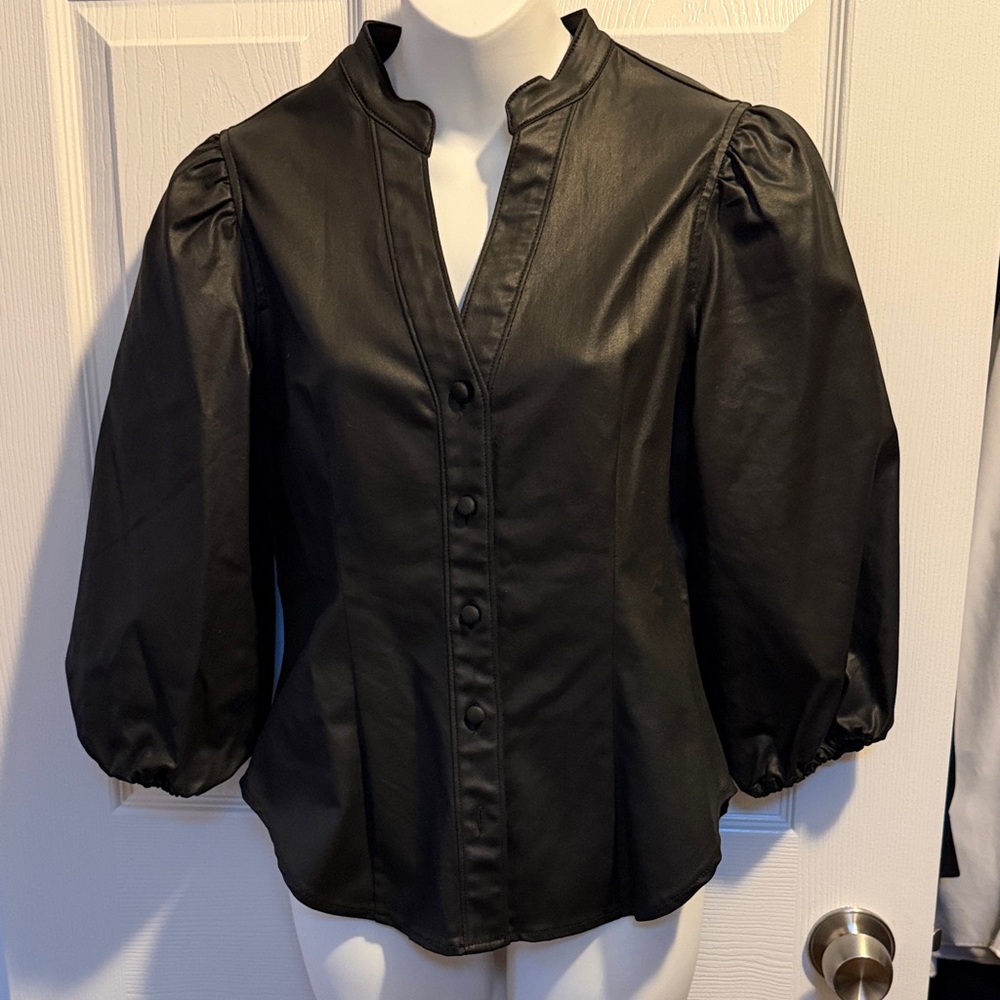 White House Black Market Coated Denim Puff Sleeve Blouse - Picture 4 of 10